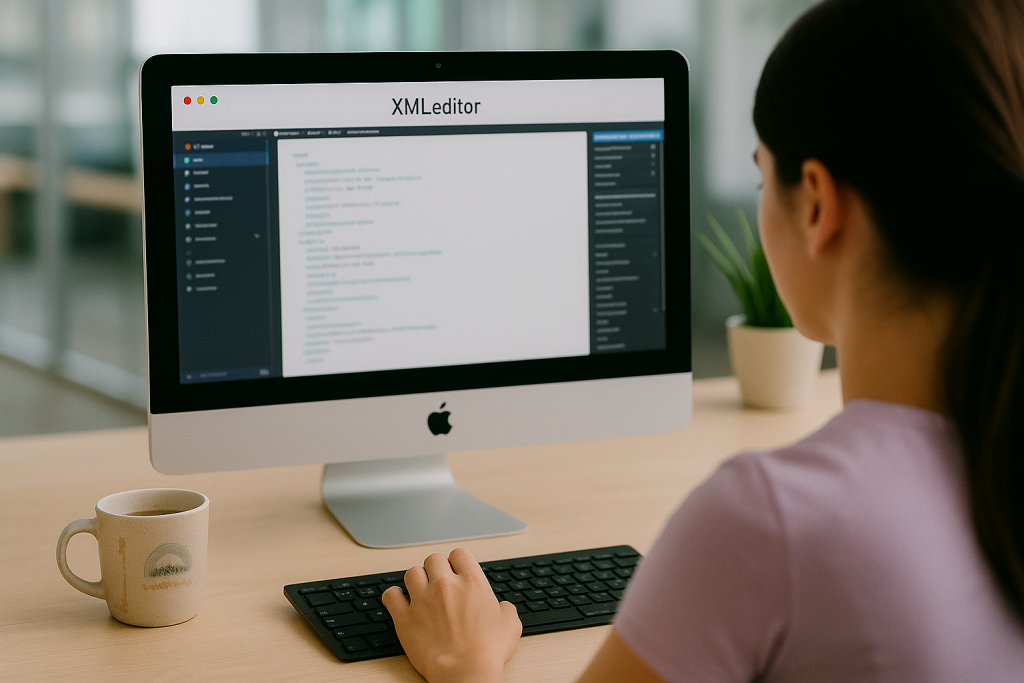 A person on a desktop computer using an XML authoring tool