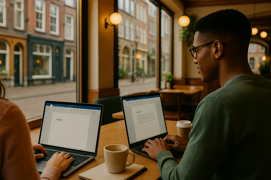 Two writers in a café using Microsoft Word on laptops