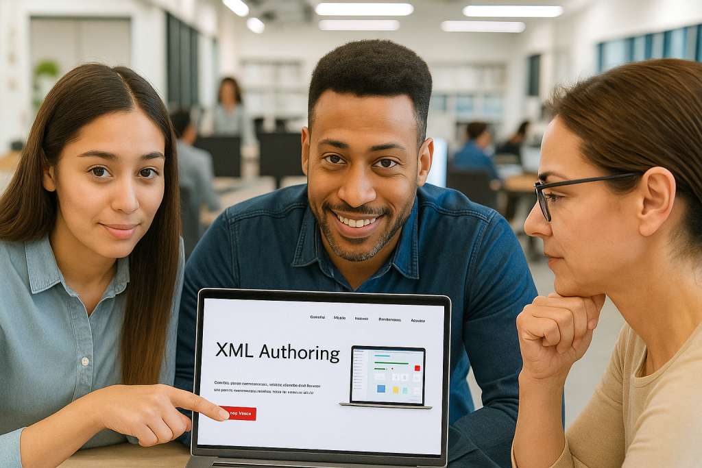 3 people around a laptop computer showing the website for an XML authoring tool