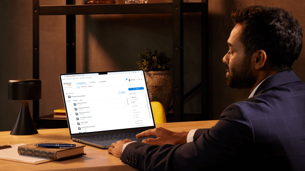 Business professional working on PublishOne platform, a powerful software for publishers to manage projects and documentation efficiently.