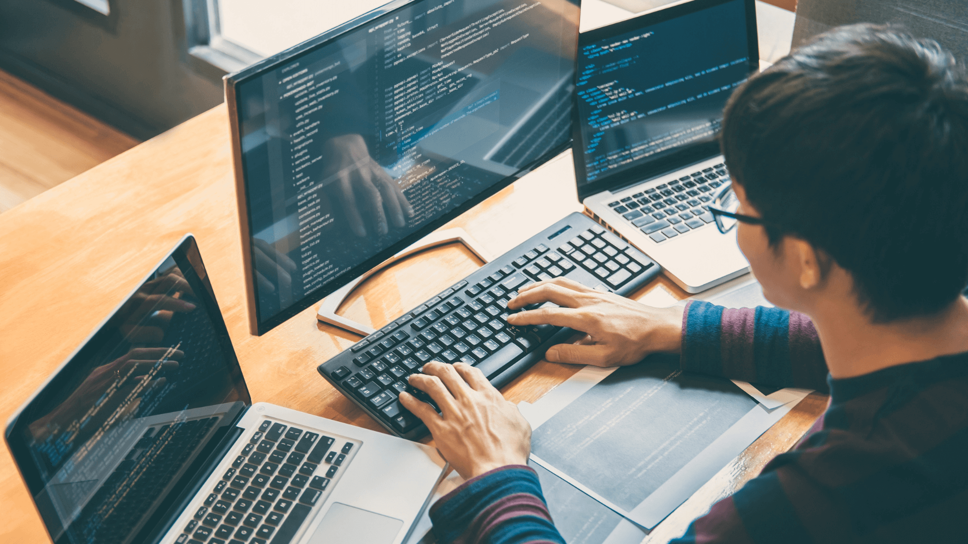 Developer coding and testing advanced software for publishers, ensuring seamless digital publishing solutions.